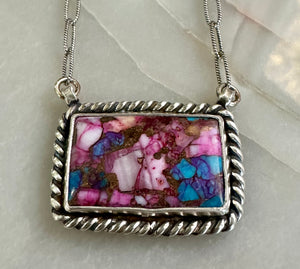 Pink Dahlia Turquoise Bar Necklace