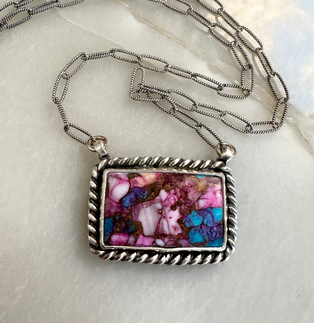 Pink Dahlia Turquoise Bar Necklace