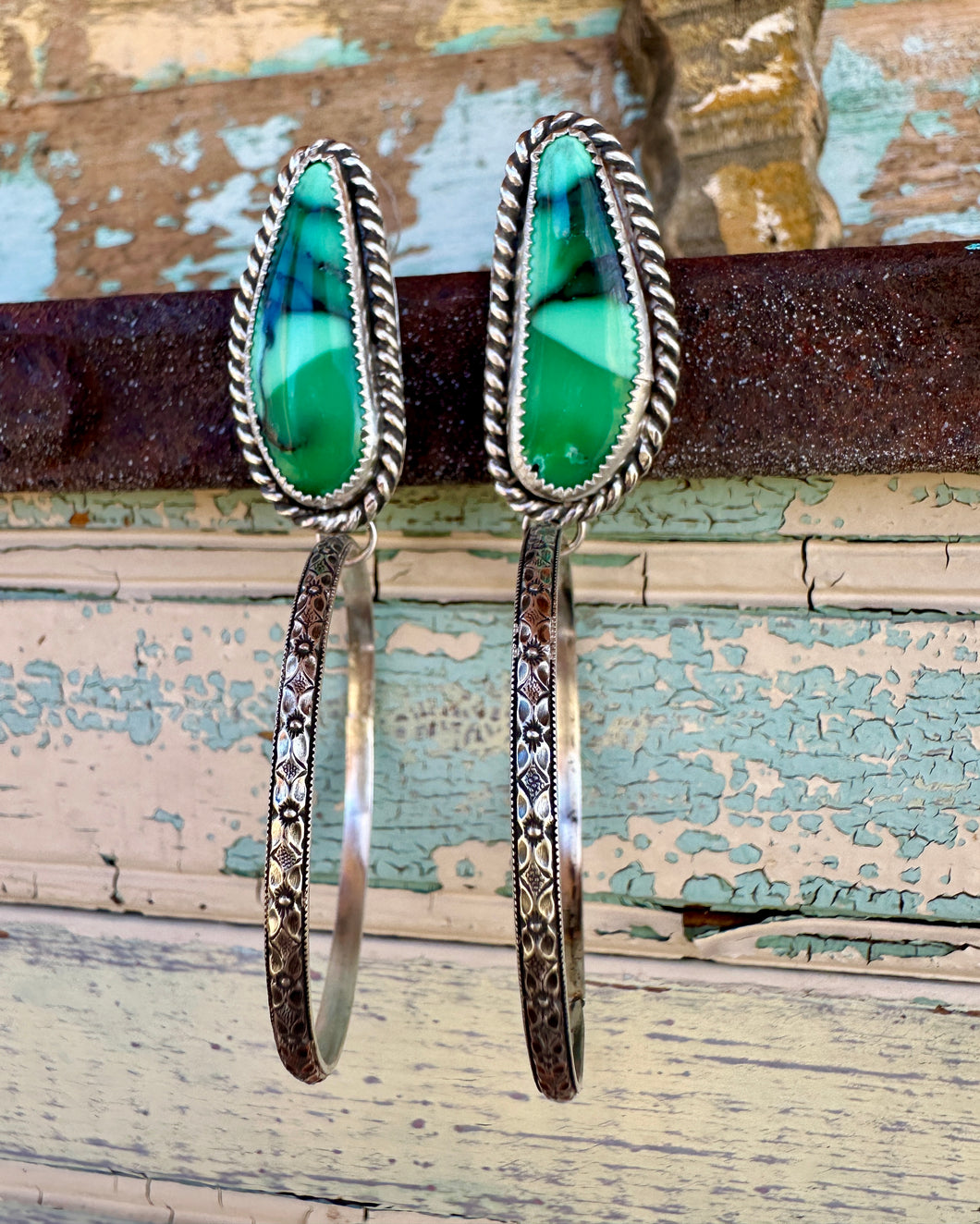 Emerald Rose Turquoise Hoop Earrings